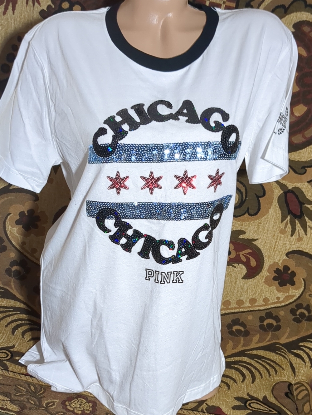 Victoria's Secret PINK White Tee Chicago Black Ringer Bling small